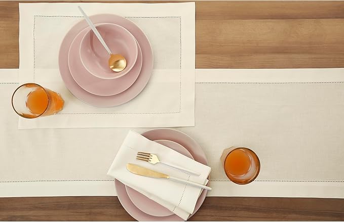 Solino Home Ivory Table Runner 90 Inches Long - Cotton Linen Hemstitch 14 x 90 Inch Table Runner for Dining, Spring, Summer