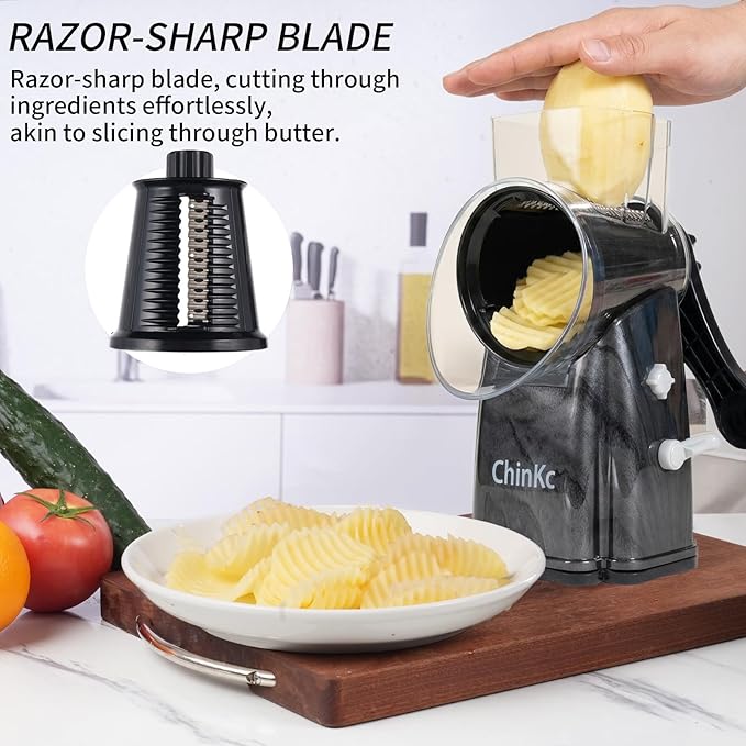 Upgrade Rotary Cheese Grater Shredder with Handle, Strong Suction Base, Multi-purpose Rotary Grater Slicer with 5 Interchangeable Blades for Ice, Vegetables, Fruit, Nuts with Blade Storage Box