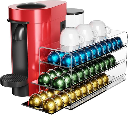 Acrylic Coffee Pod Drawer for Nespresso Vertuo Capsules, 3 Tier 60 Capacity Pods Organizer for Countertop Coffee Bar Home Office Kitchen