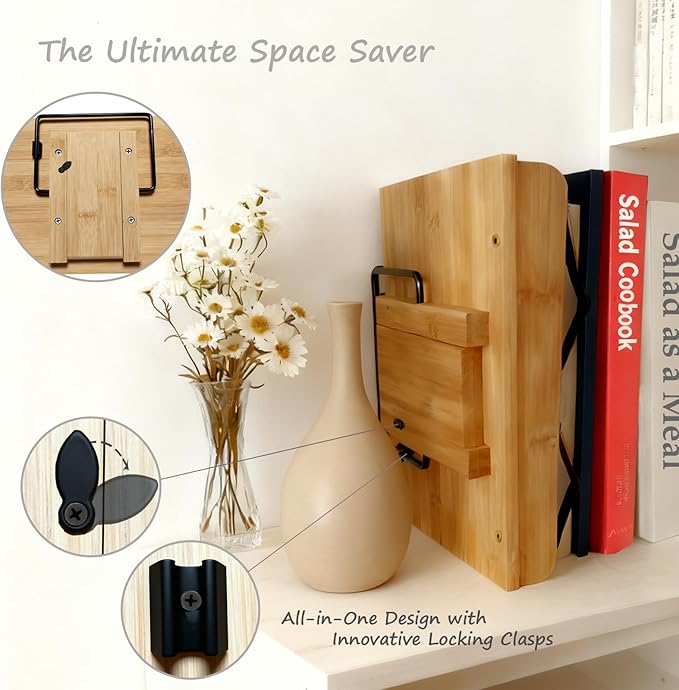 Cookbook Stand for Kitchen Counter, 5-Level Adjustable Elegant Bamboo Recipe Book Holder, All-in-One Design Locks Flat for Easy Storage, Holds 1 inch Thick Books for Cooking, Working, and Studying