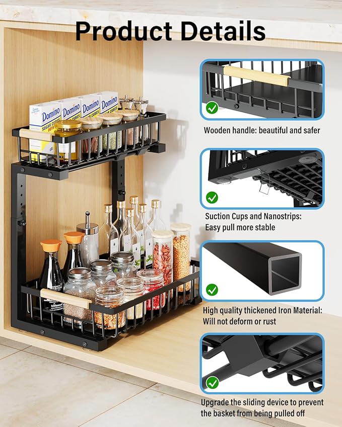 Hahaemall Under Sink Organizer for Bathroom Storage: Pull Out Storage Undersink Organizers Drawer - Sliding 2 Tier Rack Metal Organization Under Counter Kitchen Cabinet for Families, 2 Pack