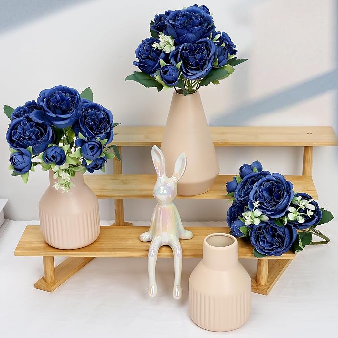 Flower Table Centerpiece - Dining Table Centerpiece Decor Set of 3 Fake Peonies in Ceramic Vases & Wood Tray Modern for Kitchen Island Living Room Coffee Table Home Decor (Royal Blue)