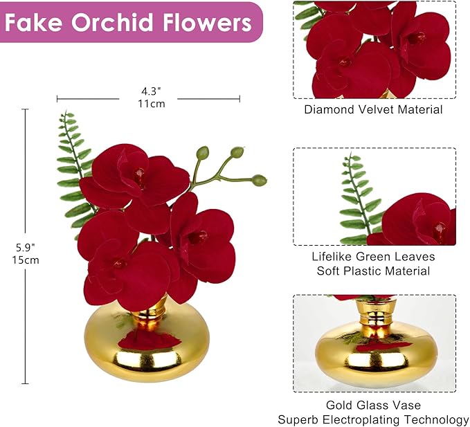 Oairse Red Orchids Artificial Flowers Faux Orchids Arrangement in Gold Glass Vases Set of 3 Real Touch Phalaenopsis Orchid Flowers Small Fake Orchid Centerpiece for Dining Room Table