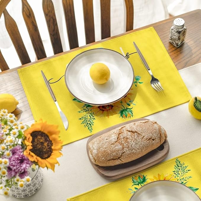 Bloss Yellow Hello Sunshine Sunflower Summer Placemats Set of 4, 12 x 18 Inch Spring Seasonal Holiday Decoration Rustic Vintage Washable Table Mats, Placemats for Dining Table