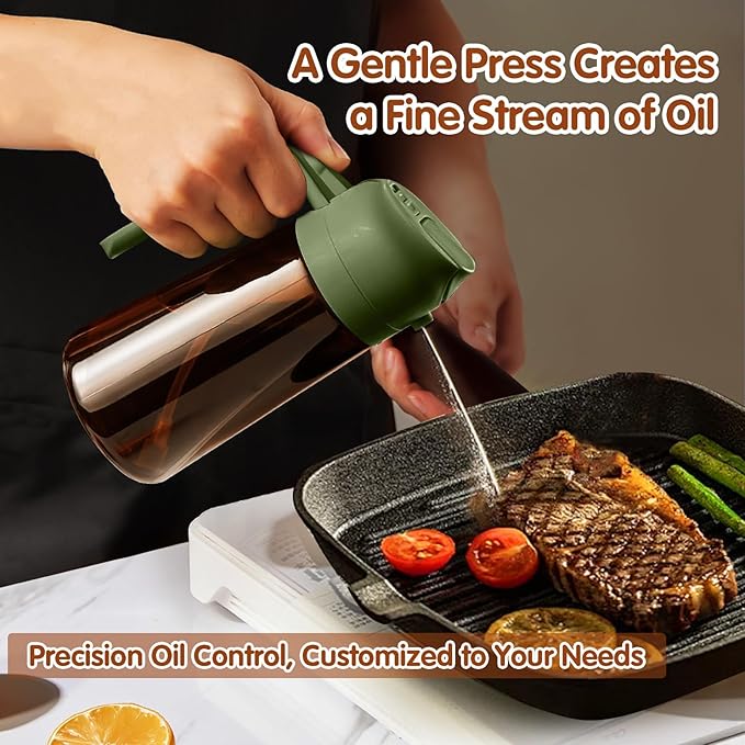 YARRAMATE 16oz/470ml Dark Brown Oil Sprayer for Cooking with Stickers, Food-grade Premium 2 in 1 Olive Oil Dispenser Bottle for Kitchen Gadgets, Air Fryer, Salad, Frying, BBQ (OliveGreen)