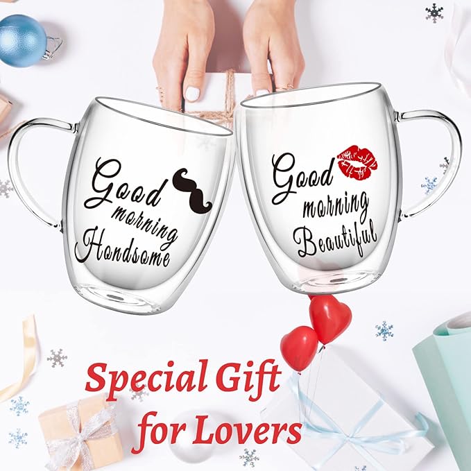 Double Wall Glass Coffee Mugs Set of 2, Clear Insulated Glass Mugs for Hot Beverages, Valentines Day Gifts, Suitable for Tea, Latte, Espresso, Cappuccino (12 oz Couple)