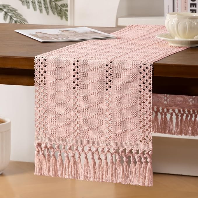 Boho Woven Cotton Linen Table Runner 11"x48" with Tassels Pink Rustic Macrame Farmhouse Table Runner Summer Decor for Summer Dining Room Wedding Kitchen Party