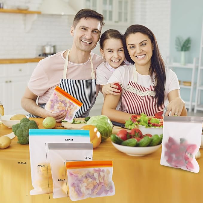 10 Pack Leakproof Reusable Freezer Bags, BPA Free Food Storage Bags, Salad Fruit, Vegetables, Traval, Home Organization Dishwasher Safe - 3 Gallon 3 Snack 4 Sandwich Bags