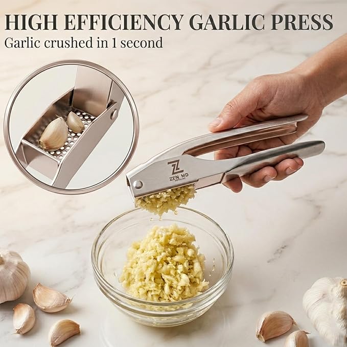 Premium Garlic Press Stainless Steel, Heavy Duty Mincer & Crusher Tool, Large Capacity Ginger Press and Masher, Easy Squeeze Presser, Rustproof Dishwasher Safe Kitchen Gadget