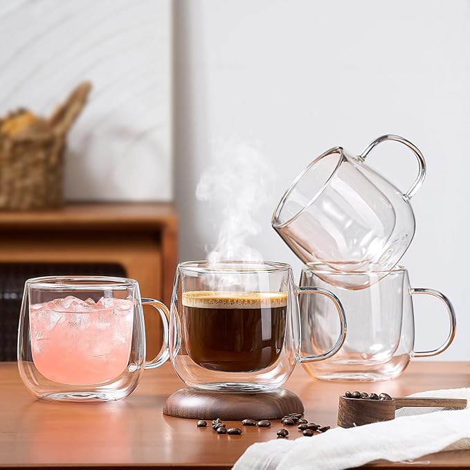 4 Pack Double Walled Glass Coffee Mugs, 16 oz Large Insulated Clear Coffee Cups with Handle, Cappuccino Mug for Espresso, Latte, Americano, Tea Bag, Beverage, Heat & Cold Resistant