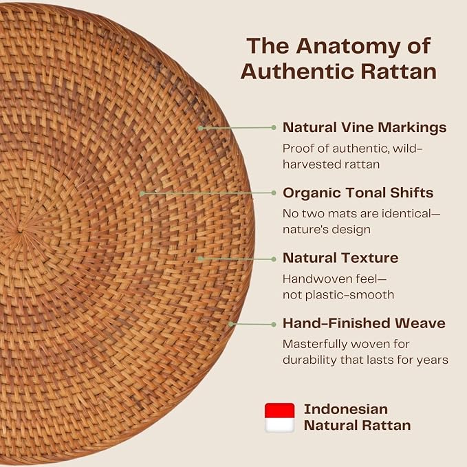 6-Pack Rattan Placemats - 13-inch Round Placemats (Smoky Brown) - Smoked-Cured Woven Place Mats, Round Table Mats - Wicker Chargers for Dinner Plates, Plate Chargers Boho - Kitchen Table Decor