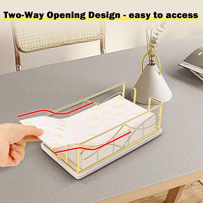 Napkin Holder with Marble Base, Guest Towel Paper Dispenser for Table, Modern Metal Napkin Stand, Ideal for All Bathroom Vanity, Kitchen Decor Accessories (Gold, 3.2 Inch)
