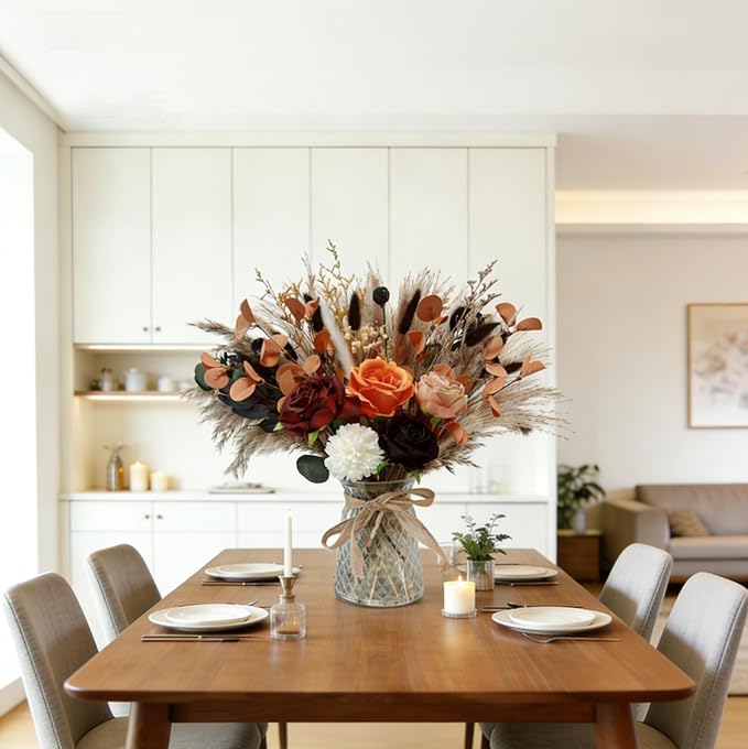 Vase with Artificial Flower Arrangemets Centerpieces for Dining Table Decorations,Faux Dried Pampas Grass Floral Decor, Fake Flowers in Vase for Home,Kitchen,Rustic Decoration(Orange)