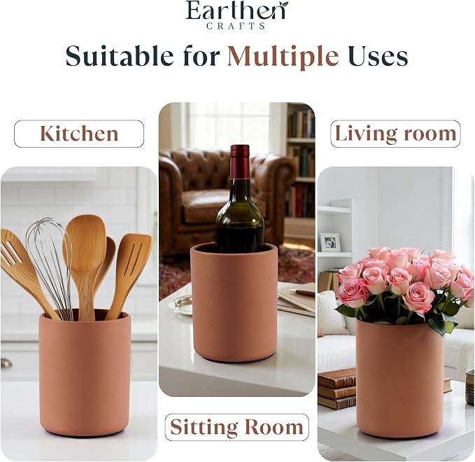 Terracotta Kitchen Utensil Holder 6.5 Inch Handmade Natural Clay Utensil Crock for Countertop, Spatula, Spoon & Cutlery Organizer, Farmhouse Kitchen Decor & Storage Container