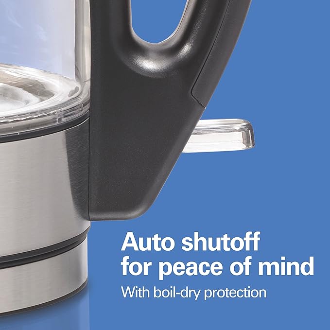 Hamilton Beach Electric Tea Kettle, Water Boiler & Heater, 1 Liter, 1500 Watts for Fast Boiling, BPA Free, Cordless Serving, Auto-Shutoff & Boil-Dry Protection, Blue LED, Glass (40930)