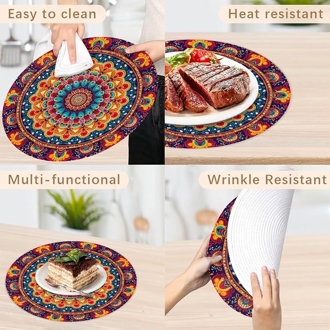 Round Placemats Set of 6, Colorful Boho Pattern Woven Placemats Mats Non-Slip Heat Resistant Washable Table Mats Round Braided Place for Farmhouse Kitchen Dining Party Decor 15in