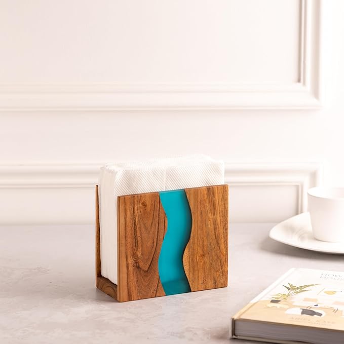 Acacia wood & Transparent Epoxy resin Napkin holder for table, Rustic farmhouse napkin organisation for kitchen, dining, counter tops, restaurant or outdoors | 6x5x2.5 inches| Turquoise