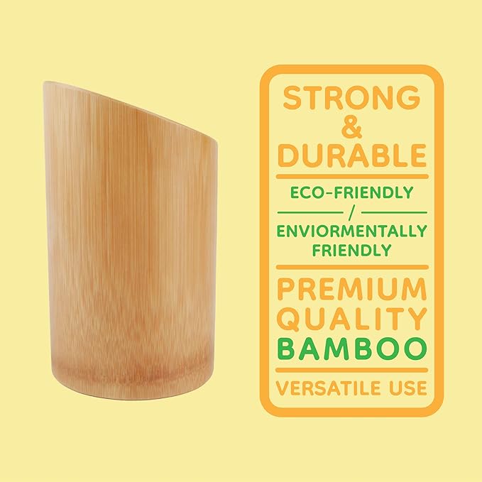 BambooMN Bamboo Kitchen Utensil Holder for Countertop, Utensil Crock for Cooking Utensils - 7" x 4" - Carbonized Brown - 1 Piece