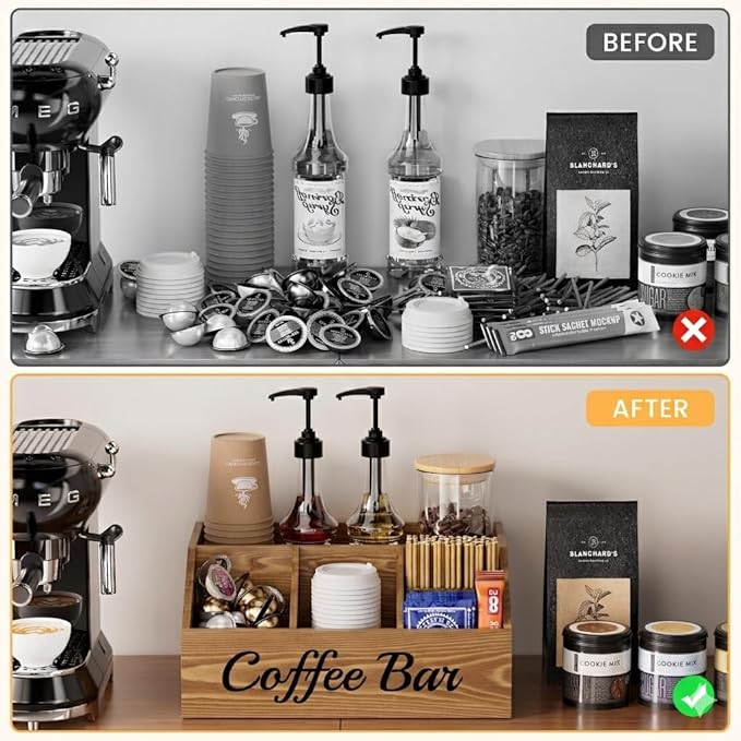 Coffee Station Organizer for Countertop – Wooden Coffee Bar Organizer with Adjustable Dividers,Holds K Cup Pod & syrup bottles, for Kitchen, Office, or Bar and Tea Station, Brown