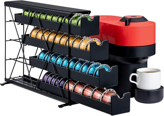 ZCDCP Black Metal 4 Tier Coffee Pod Holder, Nespresso Coffee Pod Holder Vt Pod Wall Mountable Storage Drawer, for Vtline Capsule Coffee Machine (40 Pods Capacity)