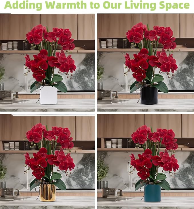 CXGS Artificial Orchid Flower Plants Real Touch Faux Orchids in Ceramic Vase 20.9'' Red Phalaenopsis Orchid Fake Flower Arrangement Home Indoor Decor