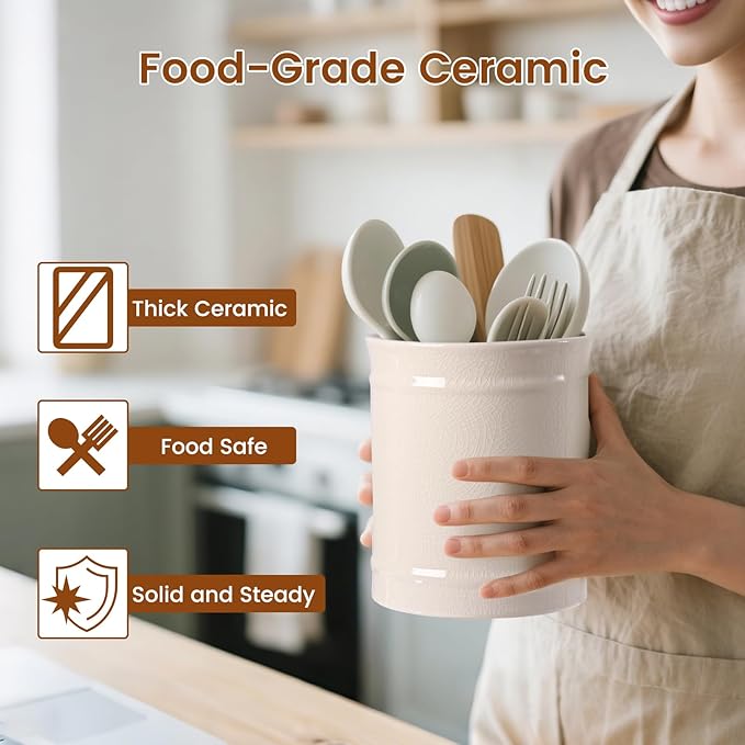Kitchen Utensil Holder, Larger Ceramic Utensil Crock for Kitchen Counter top & Dining Table (Cream, 5.9" x 5.9" x 6.7")