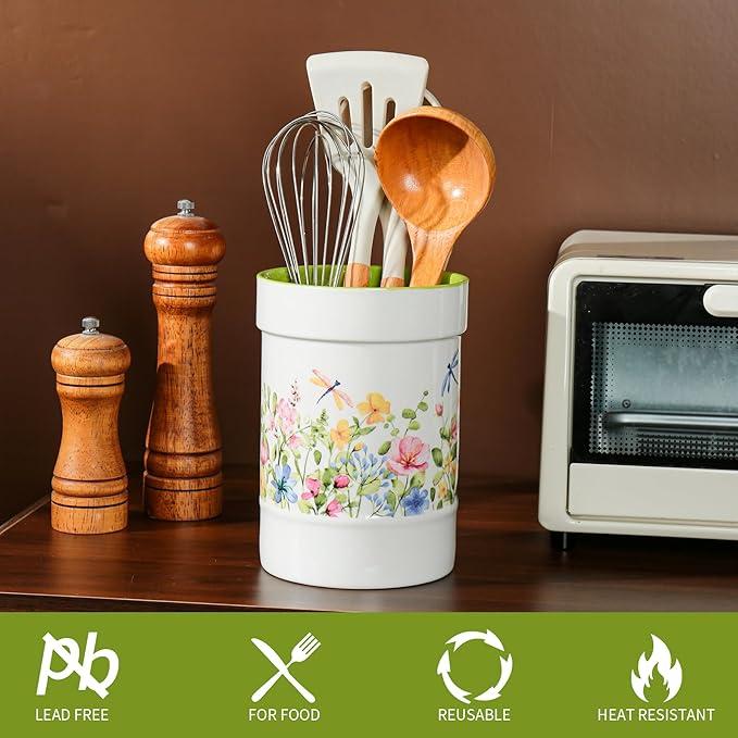 Kitchen Decor Utensil Holder,7in Ceramic Utensil Crocks for Countertop,Cocina Organizer for Cooking utensil caddy, White and Green Cottage Style