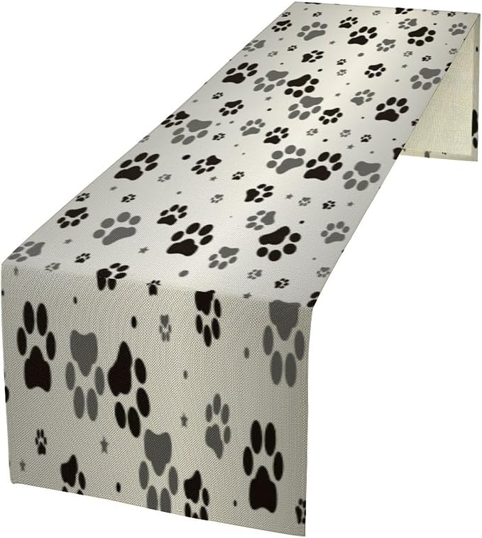Dog Paw Print Table Runner, Cartoon Grey Simple Cute Cat Dog Animal Paw Print Table Decor Table Top Dining Kitchen Wedding Party 13x70 in