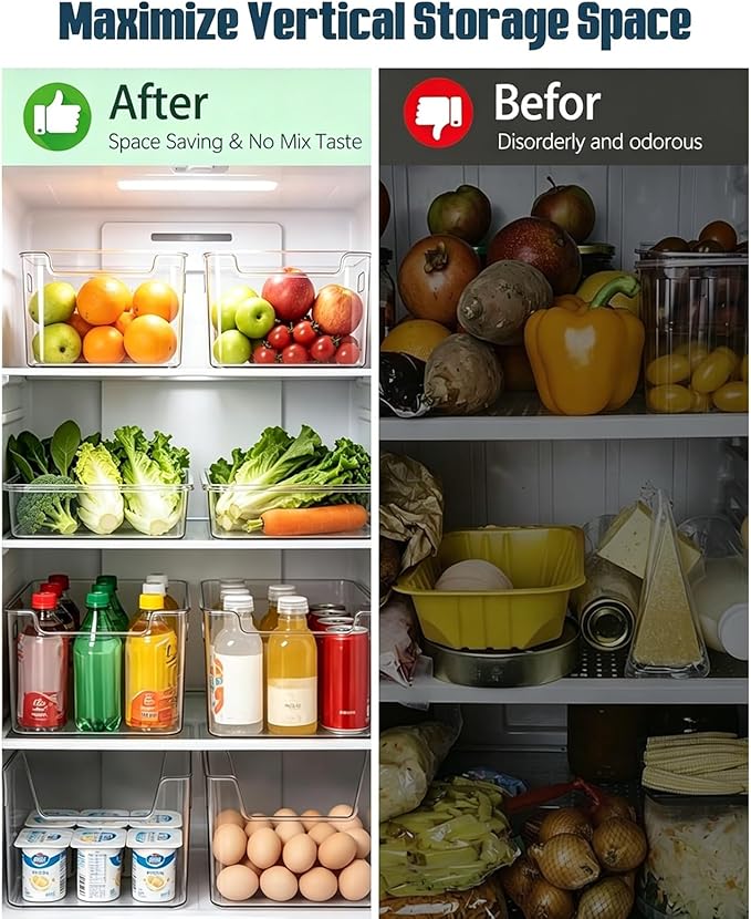 Clear Freezer Storage Bins, 4 Pack Clear Plastic Bins for Refrigerator and Pantry, Stackable Kitchen Cabinet Organizer with Handles for Kitchen, Office, Closet, Freezer organization(B-2L+2S)