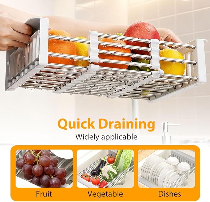 Extend Kitchen Sink Drain Basket, 2026 New Retractable Kitchen Sink, Adjustable Dish Drying Rack with Stainless Steel Drain Basket for Kitchen (White, Small)