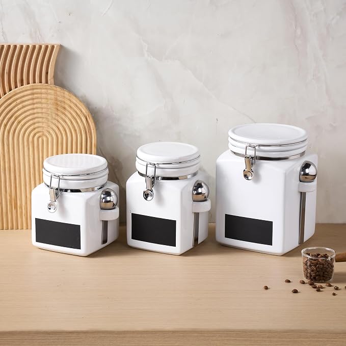Ceramic Coffee Canister with Airtight Lid and Scoop, Large 78 Fl Oz / 2.3 L Kitchen Food Storage Container Jar for Grounds Coffee, Beans, Tea, Sugar, Flour, Cereal, Nuts, Cookie, White