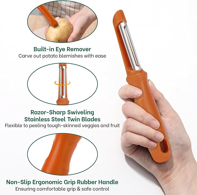 Beneno Swivel Vegetable Peeler, Razor-Sharp Smooth Peeling Potato Peelers with Stainless Steel Blades, Ergonomic Comfort Non-Slip Rubber Handle, Durable Kitchen Peelers with Potato Eye Remover, Orange