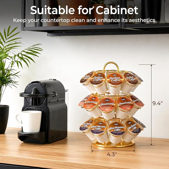 K Cup Holder, Carousel Coffee Pod Holder Compatible with 27 K Cup, Spins 360-Degrees, 3 Tier K Cup Organizer for Kitchen Counter — Home or Office Storage, Anti-Slip Base, No Assembly, Gold