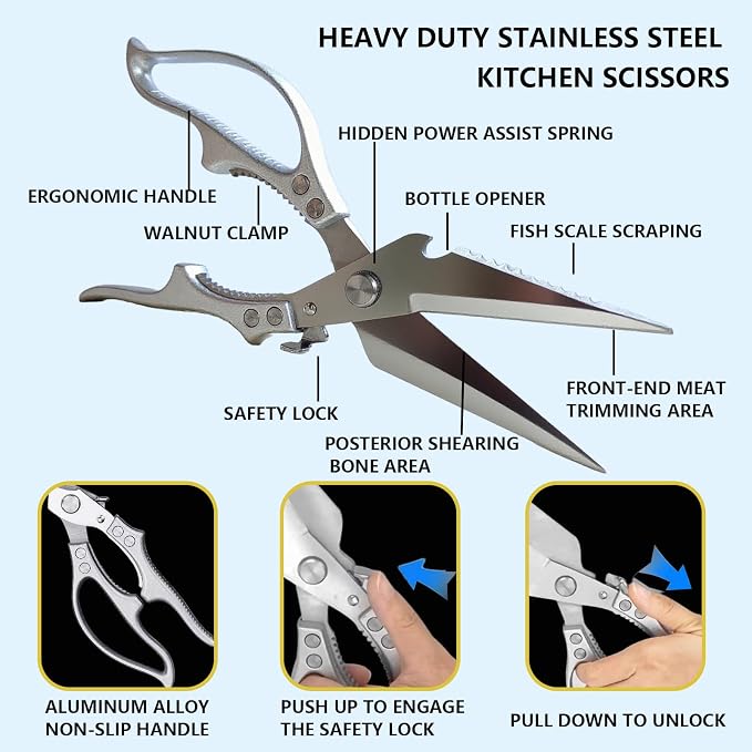 Professional Poultry Shears Heavy Duty – Multifunctional Kitchen Scissors with 2 Extra Springs, Kitchen Shears with Safety Lock & Non-Slip Handle for Chicken,Fish,Veggies, Dishwasher Safe