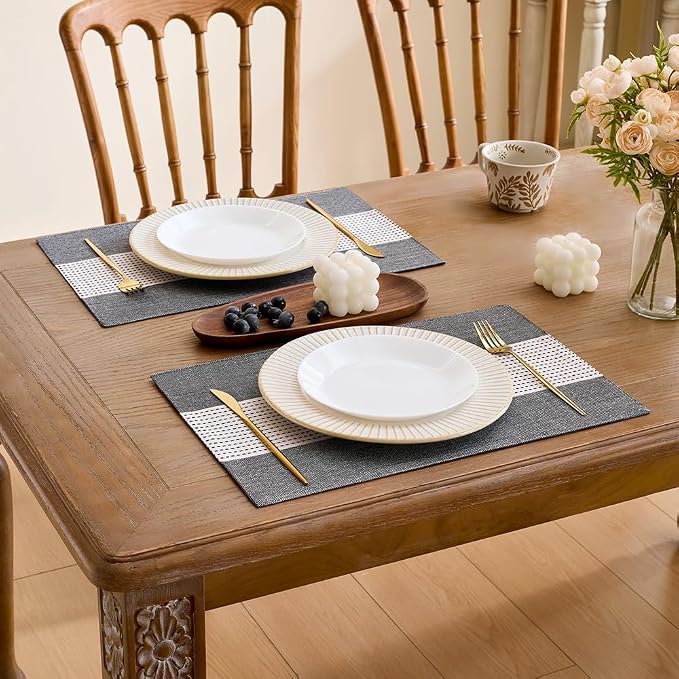 Wracra Linen Placemats Set of 4, Black Macrame Place Mats for Kitchen Table | Stripe Placemats 12 x 18 Inch; Heat Resistant Table Mats; Premium Cotton Linen Woven Fabric; Delicate Splicing Designs