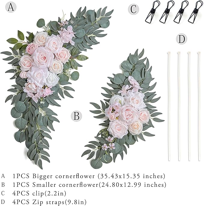 Olalaka Pink Wedding Arch Flowers Set of 2 for Wedding Welcome Signs, Artificial Wedding Flowers for Wedding Ceremony Outside(Pink & Ivory)