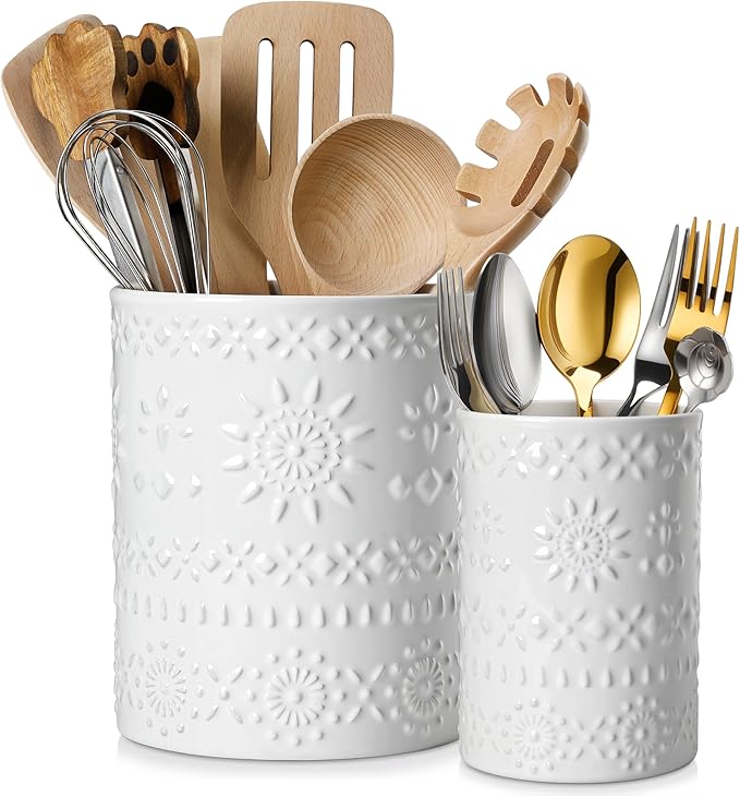 LOVECASA Utensil Holder, 7.2"+5.4" Ceramic Utensil Holder for Countertop, Large Cooking Utensil Crocks for Kitchen Counter, Farmhouse Utensil Vase for Housewarming, Kitchen Decor, Set of 2, Snow