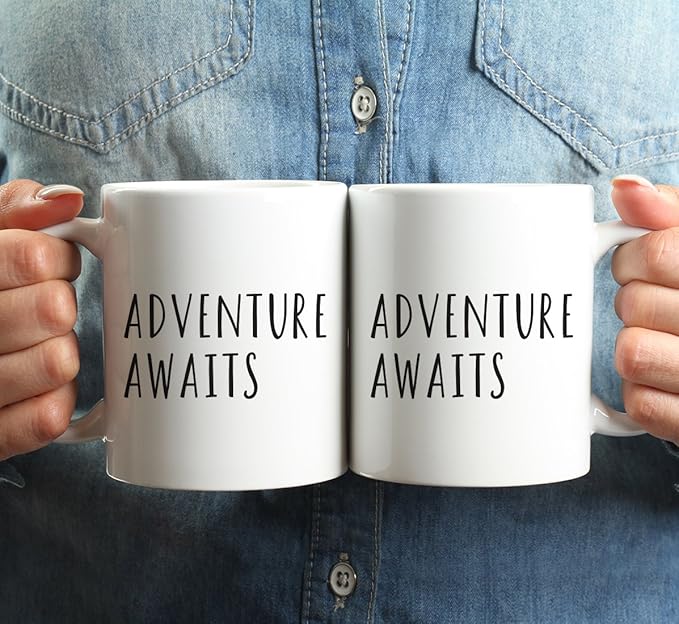 Andaz Press Funny Couples 11 oz Ceramic Coffee Mugs, Adventure Awaits, His and Hers Mugs Set of 2, Valentines Day Coffee Mug for Him and Her, Mr and Mrs Mugs, Couple Mugs for Husband and Wife