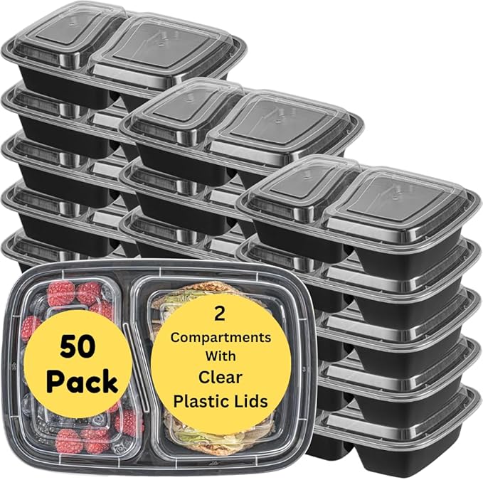 Meal Prep Containers 2‑Compartment 28 oz – 50‑Pack BPA‑Free Plastic Lunch Boxes – Microwave, Dishwasher & Freezer Safe – Airtight, Stackable Food Storage