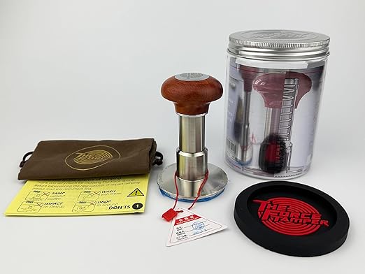 KuGuo The Force Tamper Automatic Impact Adjustable Constant Pressure and Autoleveling Coffee Tamper Reddish Brown Jellyfish Wooden Handle Set Pro (Standard Set, 53.50mm)