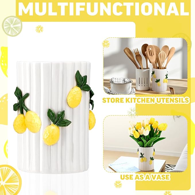 LemonRoad Lemon Kitchen Decor Ceramic Utensil Holder 3D Handmade Lemon Cooking Utensil Crock with Scalloped Edge Design Preppy Storage Caddy Organizer Vase Decor for Christmas Kitchen Countertop Gift