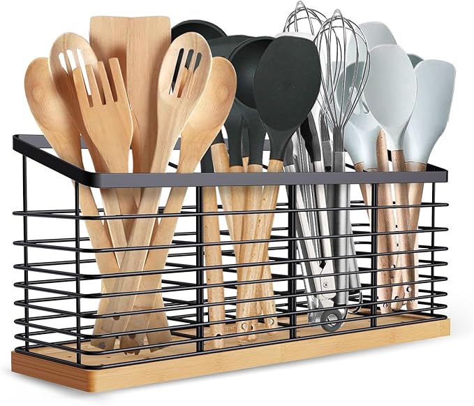 Suli Extra Large Kitchen Utensil Holder with 4 Compartments, Matte Black Metal holder with Wooden Base for Countertop, Farmhouse Cooking Utensil Storage, Rustic Cooking Utensil Organizer