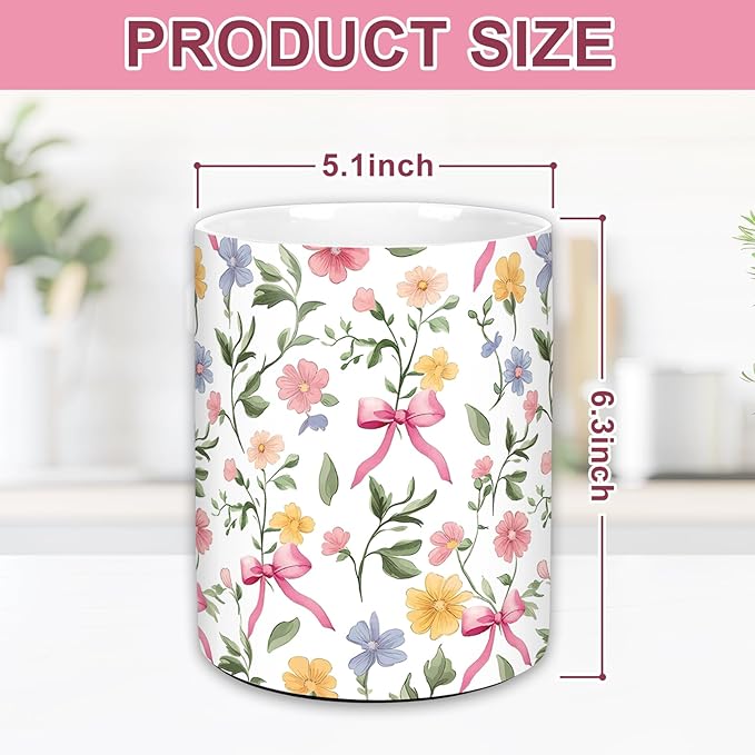 JarThenaAMCS Spring Floral Bow Ceramic Utensil Holder Pink Bow Flower Utensil Crock for Home Kitchen Countertop Storage Organizer Container