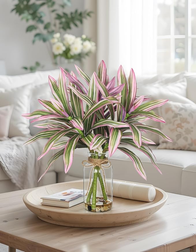 Faux Greenery Stems in Vase Dracaena Aritificial Plant in Glass Vase with Faux Water & Stones 15.7" Small Potted Plants Arrangement Centerpieces for Farmhouse Kitchen Dinner Tables Greenery Decor
