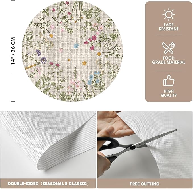 Artoid Mode Wildflower Vinyl Round Placemats Set of 4, 14 Inch Washable Non-Slip Platic PVC Table Mats for Party Kitchen Dining Decor