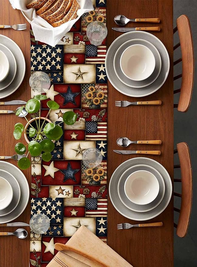 Red Blue American Flag Table Runner 70 Inch Long Dresser Scarves 4th of July Cotton Linen Tablerunners Patriotic Farmhouse Star Dining Kitchen Burlap Table Setting Decor for Party Holiday, 13"x70"