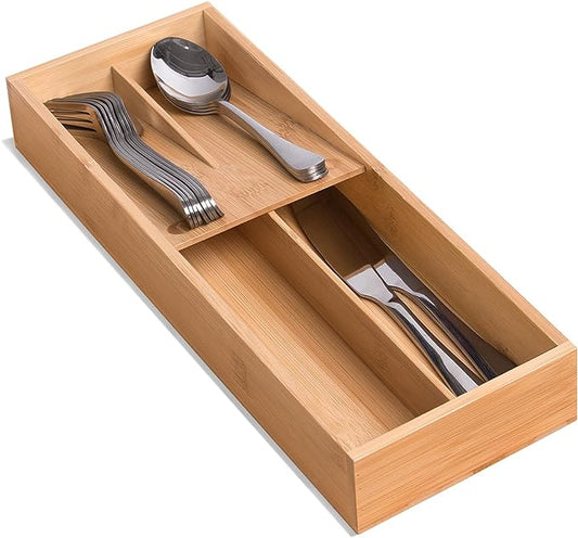 guiogc Bamboo Silverware Drawer Organizer, Kitchen Small Silverware Organizer, Utensil Tray Holder, Cutlery Tray for Spoons, Forks, Knives, Suitable for a family of 2-4