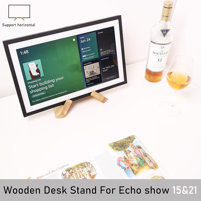 Solid Wood Tablet Computer Stands Compatible for echoshow 15, Echo Show 21,Support Both Horizontal and Vertical Modes.Cookbook Stand for Kitchen,Rustic Cook Book Holder Stand.(Light Brown)