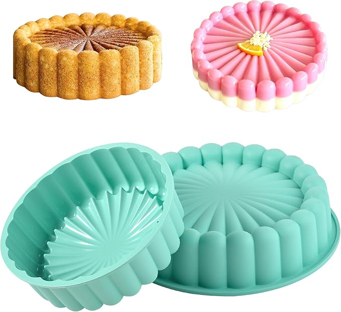 10 Inch Silicone Cake With 8 Inch Pan Set (2 Pack) - Nonstick Baking Mold for Pound Cake, Jello, Bread & Brownies, Dishwasher Safe, Blue