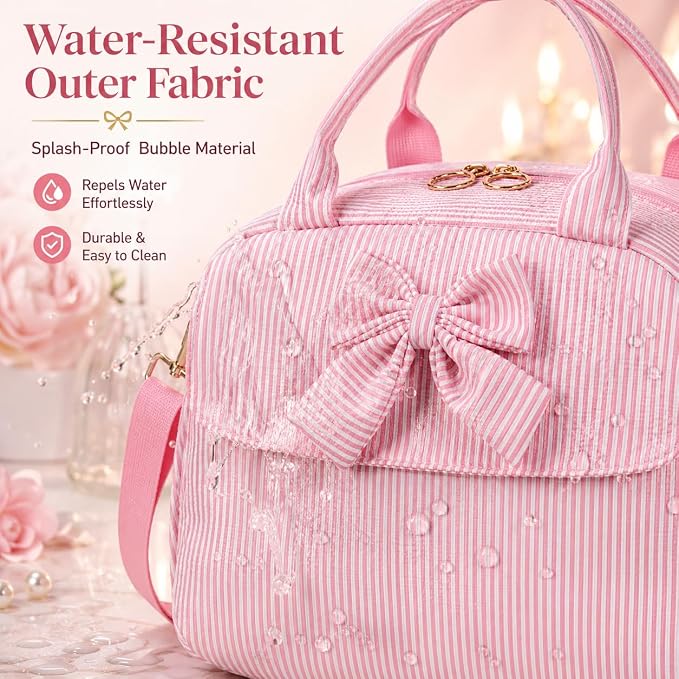 LEDAOU Lunch Box for Women, Insulated Lunch Bag for Women, Cute Small Pink Lunch Tote Bag for Work with Bow, Lunch Purse with Shoulder Strap, Reusable Lunchbox for Office, Teacher, Nurse